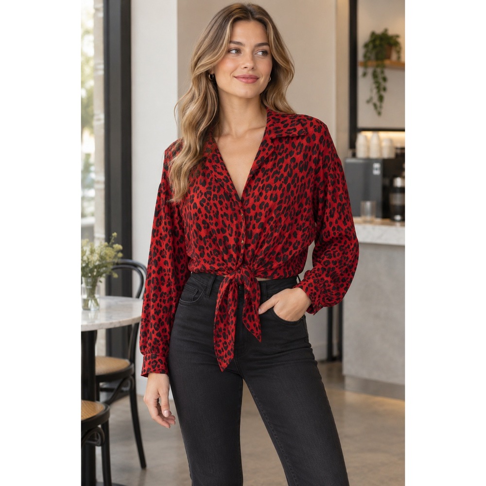 Signature 8 Leopard Print Blouse Women Medium Rockabilly Red Tie Front Cropped